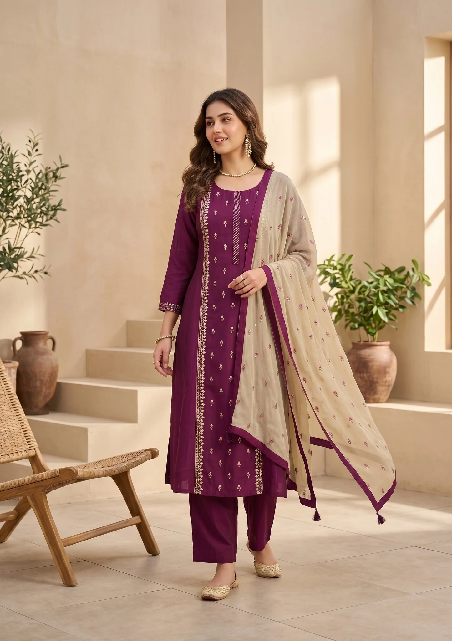 Wine Art Silk Threadwork A Line Kurta With Pant Regular And Dupatta